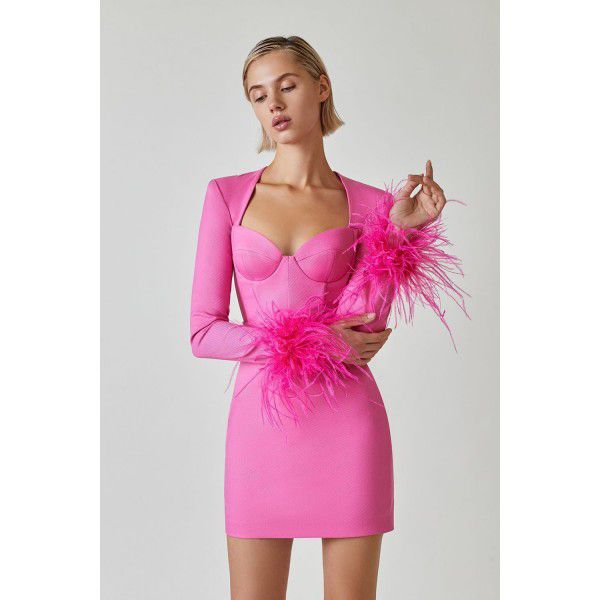 Autumn and Winter New Long Sleeve Feather Cuff Bandage Dress European and American Fashion Elegant Dress Party Dress Dress 