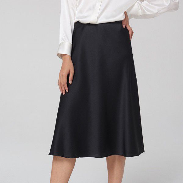 Silk Women's Summer Pear Shape Body Half Skirt Summer Temperament Slim Fit A-line Skirt Commuter Solid Silk Midskirt