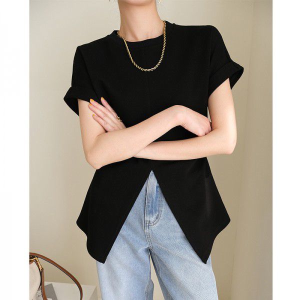 Split Shoulder T-shirt for Women's Summer New Style Waist Slim Fit and Slim Fit Short Sleeve Top