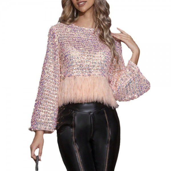 Spring and Autumn New Sexy Sweet Spicy Style Women's Top Splice Sequins Show Thin Long Sleeve Short T-shirt