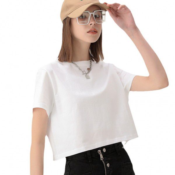 Short cut navel exposed short sleeved t-shirt for women Spring/Summer new niche short cut t-shirt made of pure cotton