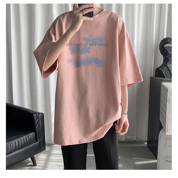 New pure cotton short sleeved T-shirt for men's creative trendy brand loose fitting men's half sleeved round neck T-shirt for men's clothing