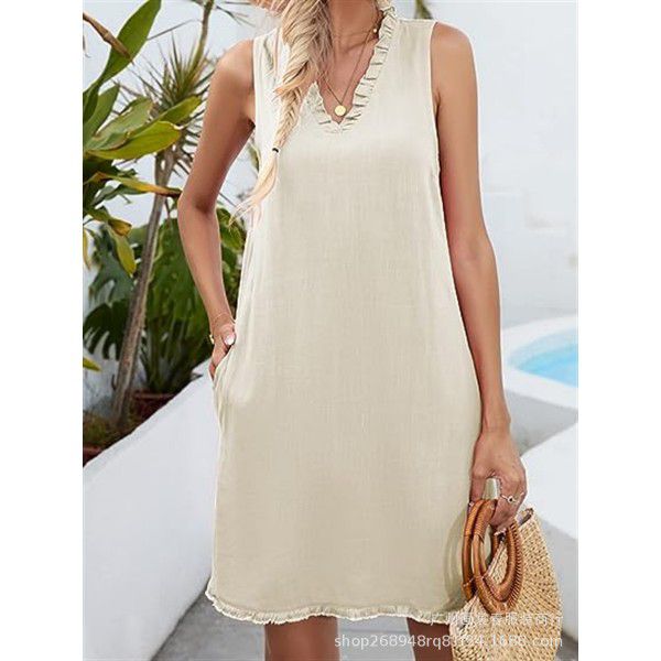 Sleeveless Deep V-neck Dress Cotton Linen Dress Pocket