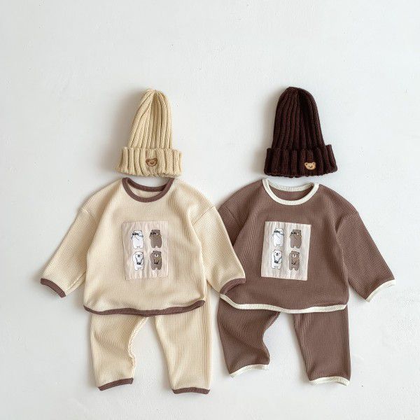 Autumn New Baby Bear Set for Boys Hanban Waffle Long Sleeve Two Piece Set for Girls' Outwear