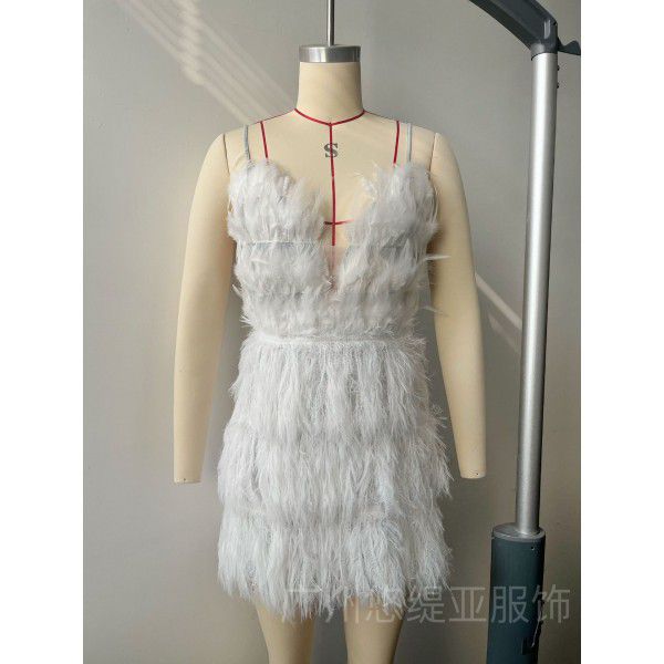 Autumn and Winter New Women's Outerwear Sexy Backless Party Dress with Deep V-shaped Feather Strap Dress
