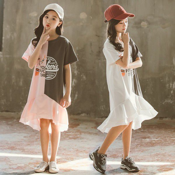 Summer Mid sized Girls' and Girls' Clothing Color Matching Letter T-shirt Short Sleeve Dress Children's Dress Parent-child Dress