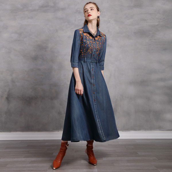 Vintage embroidery lapel belt temperament denim skirt mid length slimming autumn dress