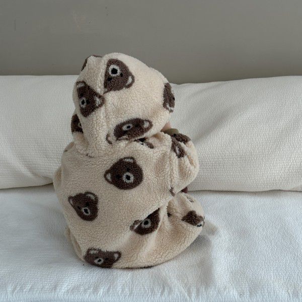 Children's autumn and winter clothing, baby bear head printed plush crawling clothes, children's clothing, baby hooded plush jumpsuit