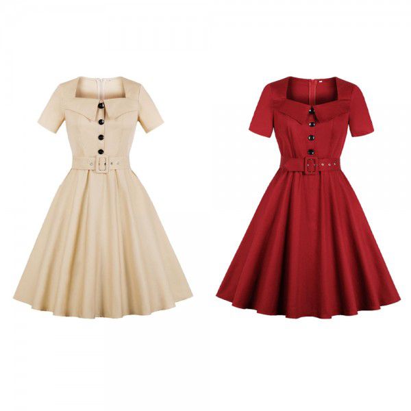Women's short sleeved solid color pocket Hepburn style dress