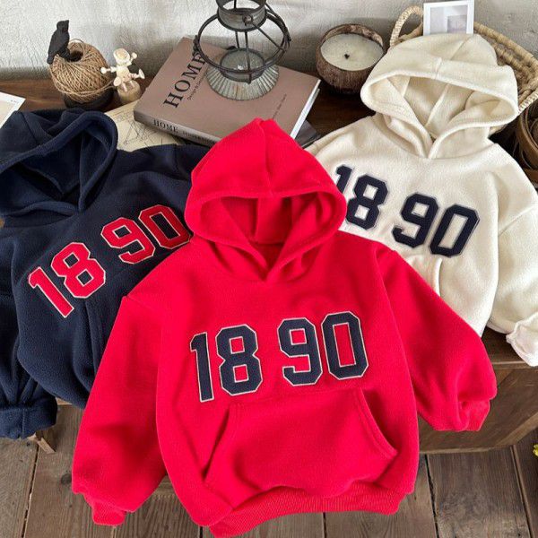 Autumn and winter plush children's hoodie casual and westernized Korean version sports long sleeved sweater paired with children's top