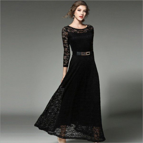 Autumn New Women's Dress Long Sleeve Slim Fit Solid Color Hooked Flower Hollow Lace Dress