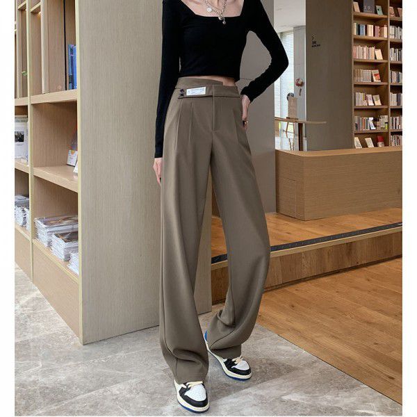 Khaki Wide Leg Pants Women's High Waist Drop Spring/Summer New Casual Relaxed Floor Sweeping Double Button Straight Sleeve Suit Pants 