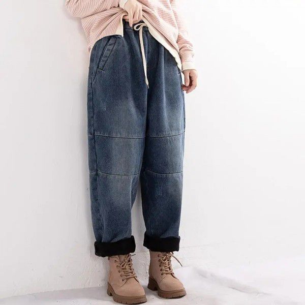 Large loose plush jeans women's new winter elastic waist patchwork Haren pants vintage daddy pants 