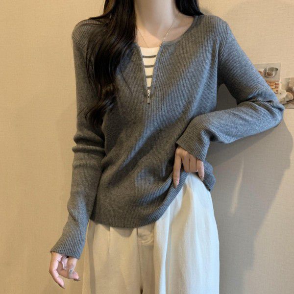 Large size belly covering fake two-piece V-neck long sleeved imitation knit top for women's autumn and winter loose fitting and slimming front shoulder bottom shirt