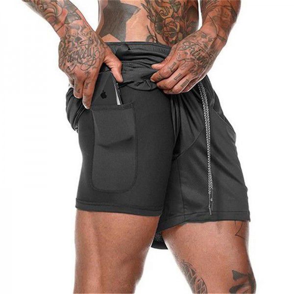 Men's double layer shorts, solid mesh sports and fitness training pants, five point casual pants, men's pants