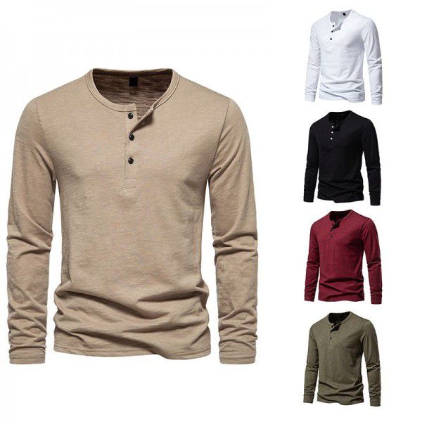 New Men's Long Sleeve T-shirt Fashion Solid Three Button Henry T-shirt Men's Top T-shirt Underlay