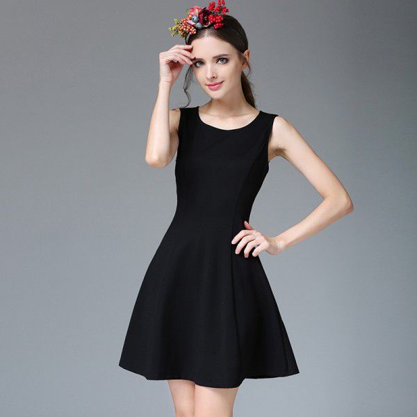 Slim Little Black Dress Autumn New Simple Hepburn Style Sleeveless Dress Slim Fit Waist Tank Top Dress OL Dress