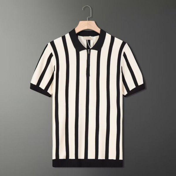 Half Zip Striped Polo Shirt Light Mature Summer Men's Short Sleeve T-shirt Trend Korean Knitted Casual Half Sleeves