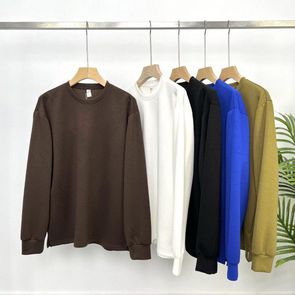 Autumn Simple Solid Color Premium Long Sleeve Fixed Dye Air Layer Special Fabric Men's Backing Versatile Loose T-shirt 