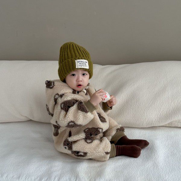 Children's autumn and winter clothing, baby bear head printed plush crawling clothes, children's clothing, baby hooded plush jumpsuit