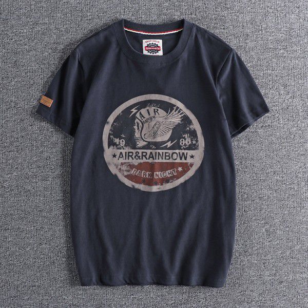 New Washed Brushed Skeleton Head Printing Foreign Trade Retro Round Neck Short Sleeve T-shirt Men's Half Sleeve T