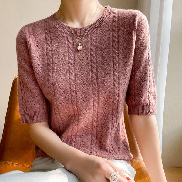 Spring round neck women's T-shirt Fried Dough Twists short sleeve women's all wool sweater loose bottomed half sleeve sweater thin
