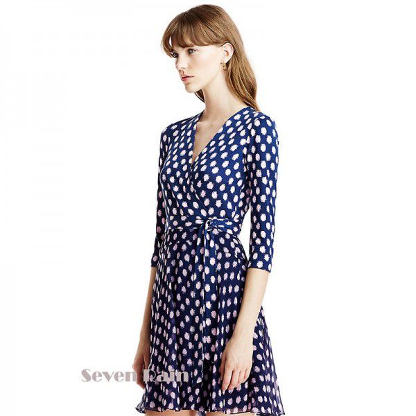Blue dress French summer new floral European style casual sweet patchwork wrap dress V-neck trend 