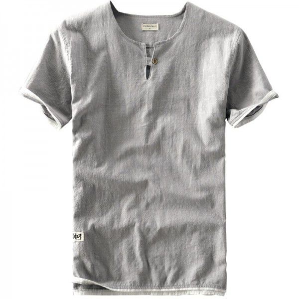 Summer New Men's Linen T-shirt Casual Wash Round Neck Cotton Linen Short Sleeve T-shirt