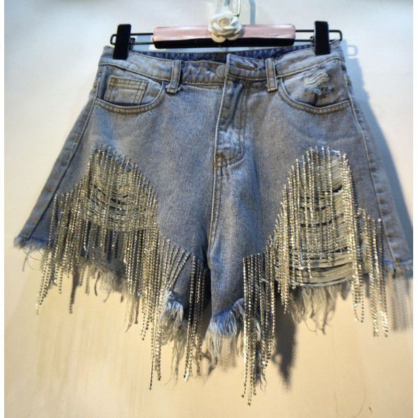 Perforated high waisted rhinestone tassel chain slimming straight denim shorts for women
