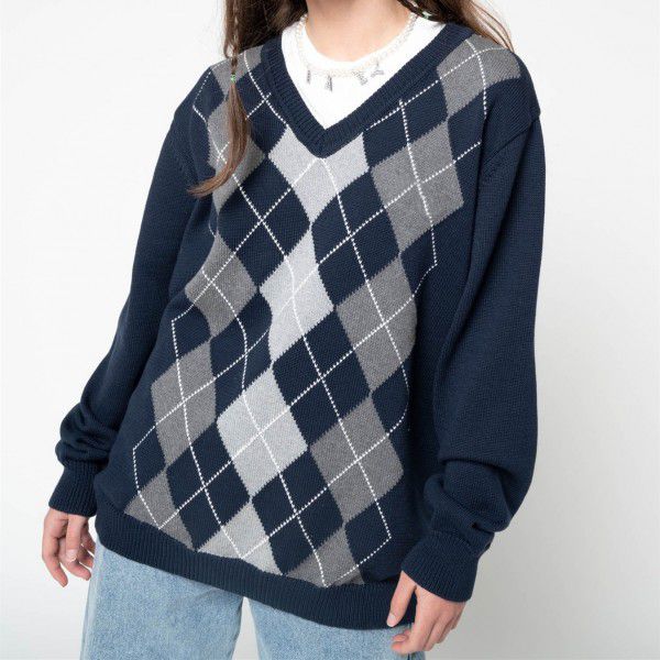 Women's college style diamond checkered V-neck loose casual woolen long sleeved top for women
