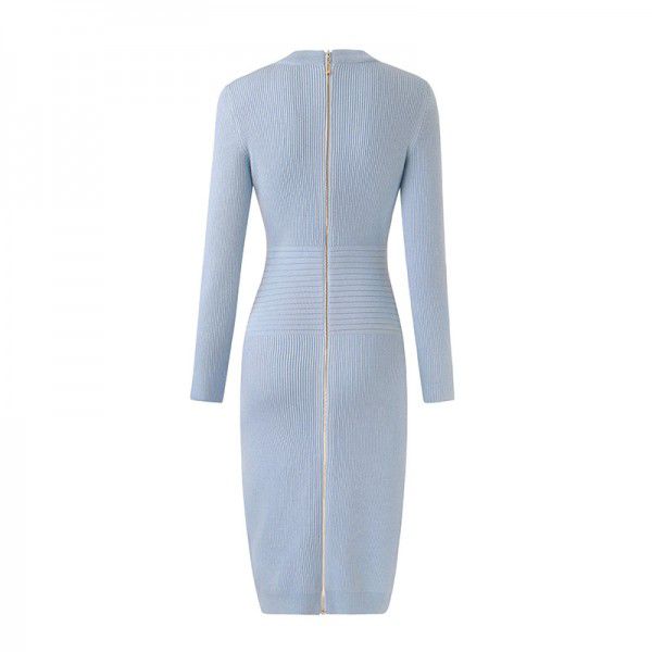 Blue long skirt temperament commuting high waisted knitted dress with wool