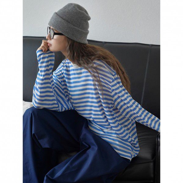 Autumn New Korean Version Lazy Soft Waxy Wool Striped T-shirt Loose, Slim, Comfortable Long Sleeve Casual Top