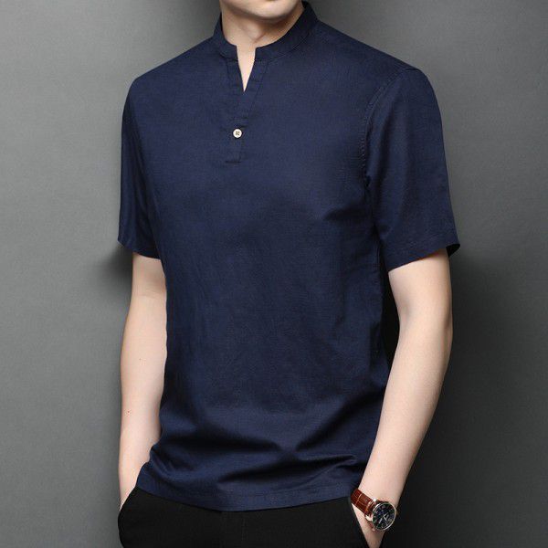 New Summer Men's Linen T-shirt Solid Fit Short Sleeve Casual