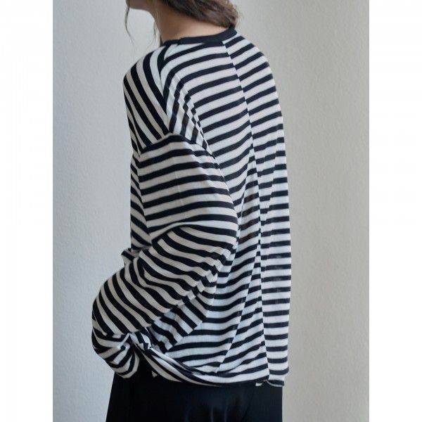 Autumn New Korean Version Lazy Soft Waxy Wool Striped T-shirt Loose, Slim, Comfortable Long Sleeve Casual Top