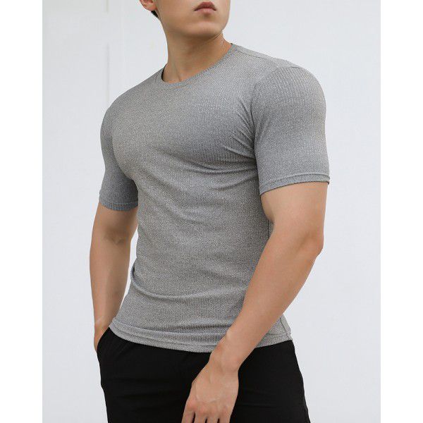 Sports Short Sleeve Men's Summer Solid Stripe Fitness Training Casual High Elastic Fit T-shirt Top