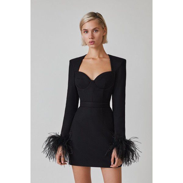 Autumn and Winter New Long Sleeve Feather Cuff Bandage Dress European and American Fashion Elegant Dress Party Dress Dress 