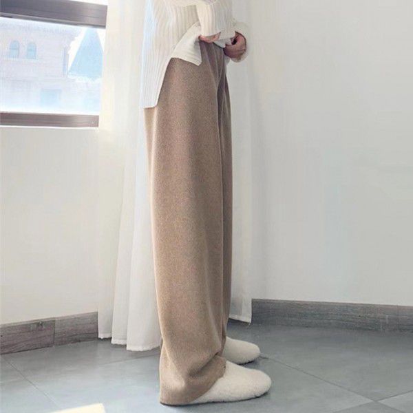 Women's knitted wide leg trousers in autumn and winter, corduroy shows thin, high waist, loose, draping, straight tube, floor, imitation cashmere pants 