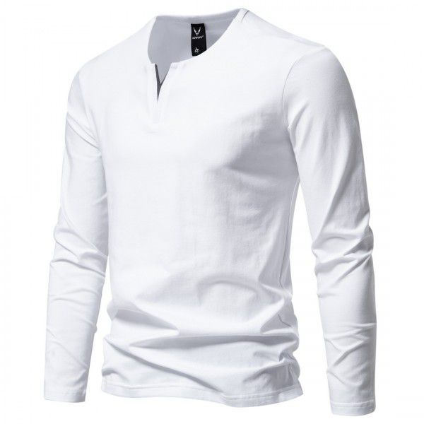 Autumn New Men's Fashion Henley T-shirt V-neck Long Sleeve T-shirt Casual Solid Underlay