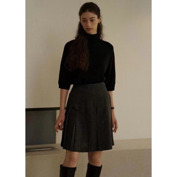 Autumn and winter new wool plaid pleated casual skirt 