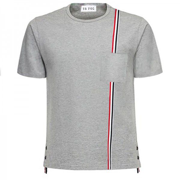 Pocket Red, White, Blue Ribbon Stripe Pure Cotton Summer Short Sleeve T-shirt Casual Fashion Male Couple