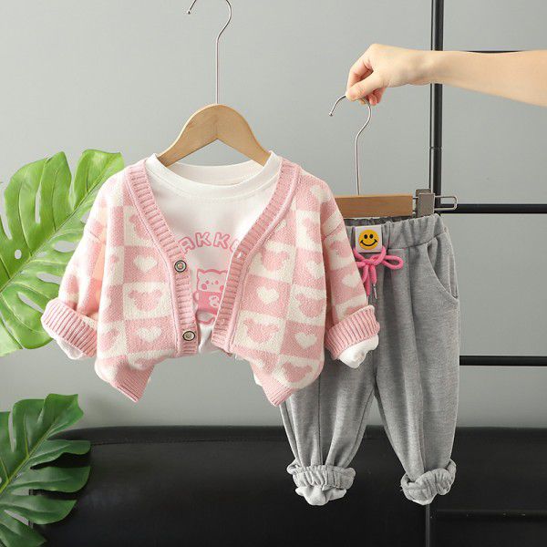 Children's autumn style girls' knitted cardigan jacket printed long sleeved T-shirt casual pants three piece set trend