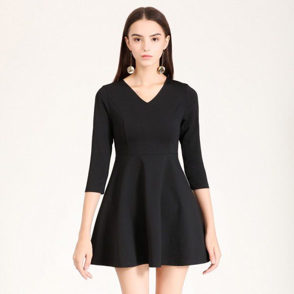 Professional Little Black Dress Autumn Dress New Elegant Slim Fit V-neck 7/4 Sleeve A-line Bottom Dress Work Uniform