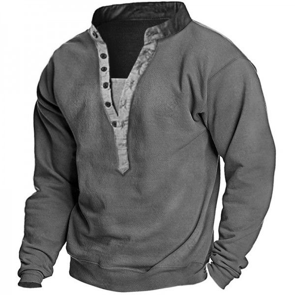 Spring T-shirt Men's Outdoor Vintage Khaki Long Sleeve Henley Neck Sweatshirt