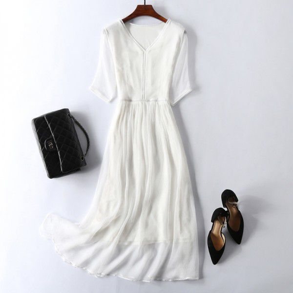 Summer New Women's Commuter Elegant Temperament White Silk Dress 