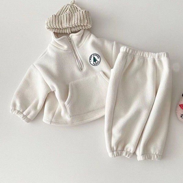 Children's set, baby and toddler clothing, plush and thickened casual set, children's winter high collar sweater pants, two-piece set, trendy