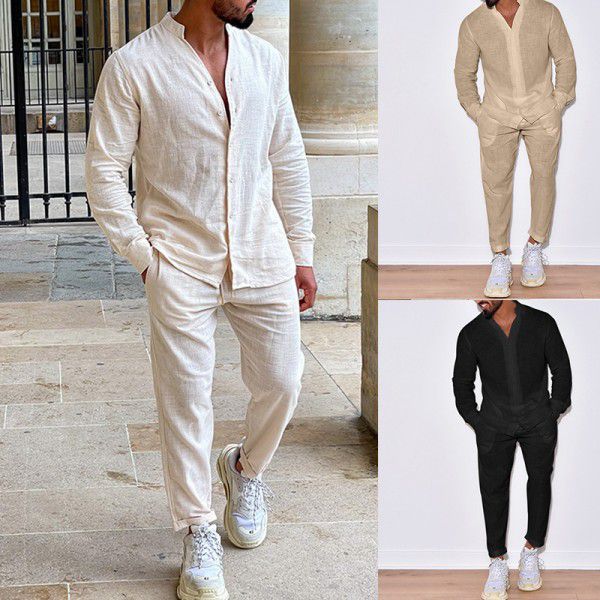 Men's linen autumn casual suit long sleeved one piece work pants