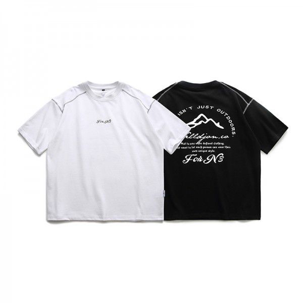 Summer New Solid Back Print Round Neck Short Sleeve Japanese Fashion High Street Loose T-shirt Men 