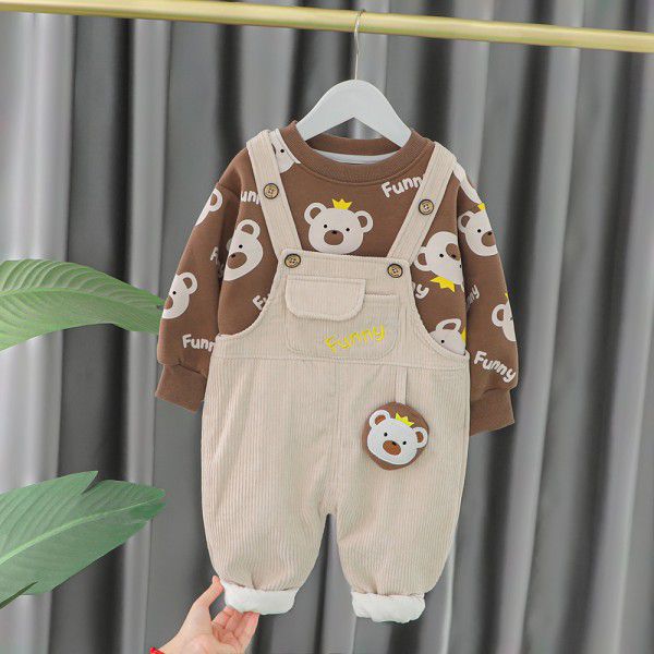Boys' plush set for winter wear, girls' new cartoon printed top, strap pants, two-piece set for children's winter wear