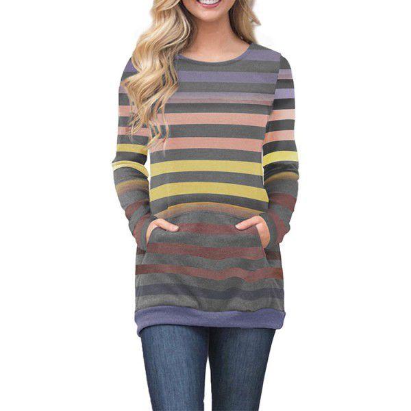 Autumn and Winter Long Sleeve T-shirt Women's Striped Top Bottom Shirt Women's Round Neck Kangaroo Pocket Sweatshirt