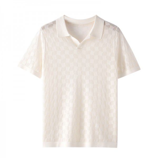 Summer thin mulberry silk thread hollow white Polo shirt Men's ice silk short sleeved business casual polo shirt